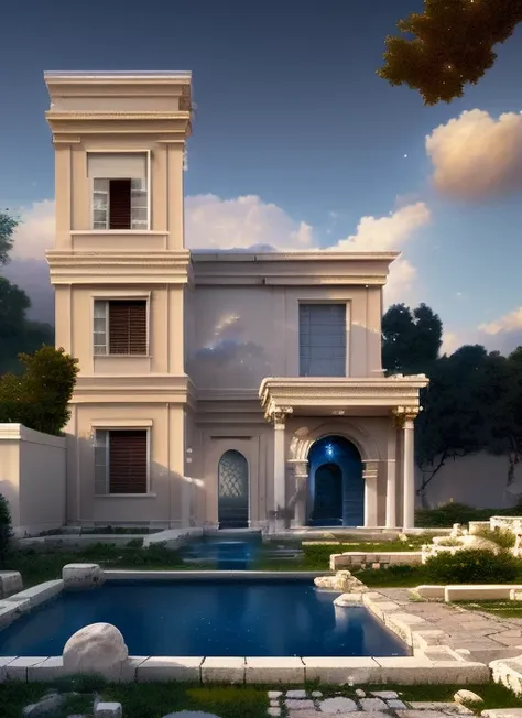 simple scene of an greek roman mansion exterior, ianm and greg rutkowski and thomas kinkade, trending on artstation, bokh, heads...