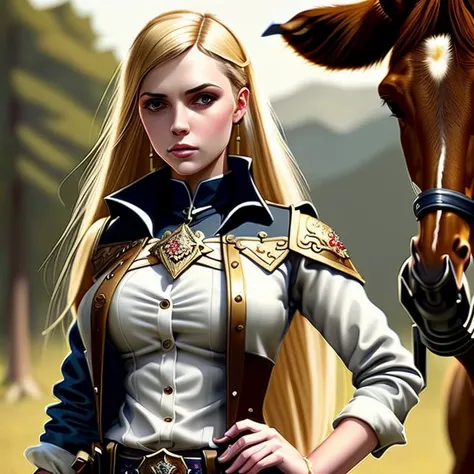 modelshoot style, (extremely detailed 8k wallpaper), beautiful portrait of a beautiful cute teen woman in western clothes, holstered gun, standing next to horse, shoulder - length blonde hair, buff, body, muscular, intricate, elegant, 8 k, highly detailed,...