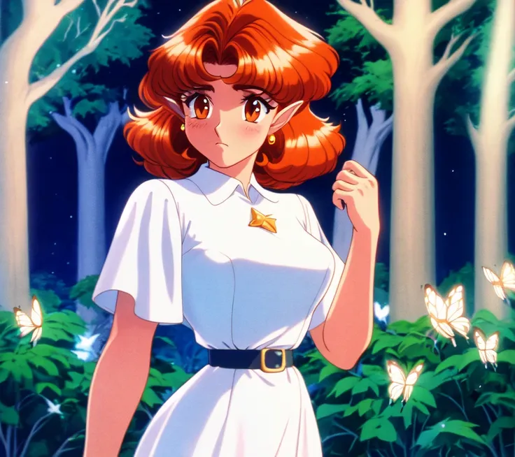 night, stars, butterflies, frown, blush, retro artstyle, hand up,
highres, best quality, 1girl, white dress, orange hair, short hair, orange eyes, elf garden, night, shiny skin, soft lighting, trees, mist, light blush, looking to the looking to the side