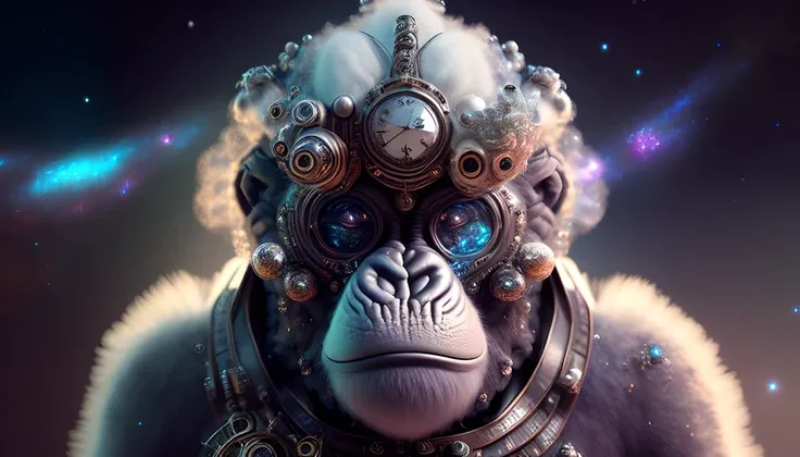 galaxies, spirals, space, nebulae, stars, smoke, iridescent, intricate detail, in the shape of a steampunk white gorilla, octane render, hyper realistic , octane render, 8k, uplight ,dreamlikeart