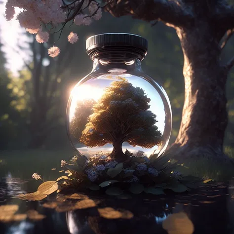 dreamlikeart tree in a bottle, fluffy, realistic, photo, canon, dreamlike, art, colorfull leaves and branches with flowers on top of its head. hyperdetailed photorealism by greg rutkowski - h 1024 w 804 | f 1 6 lens mark 2:2 s 3555 mm film grain :1 lifelik...