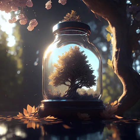 dreamlikeart tree in a bottle, fluffy, realistic, photo, canon, dreamlike, art, colorfull leaves and branches with flowers on to...