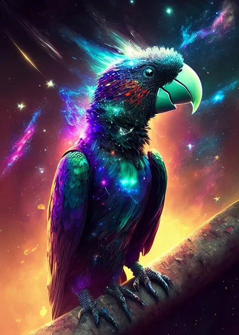 dreamlikeart,  galaxies, space, nebulae, stars, [cyberpunk] parrot from (stars:1.5),