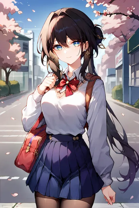 anime girl with long hair and a bow tie walking down the street