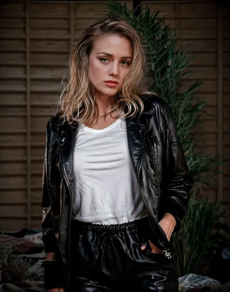 cinematic film still realistic,  Dutch angle, intricate details, a woman wearing Leather Jacket, satin and Velvet joggers: Casual, comfortable pants made from velvet fabric. <lora:quiron_SaraStJames_v1_lora:0.87> SaraStJamesQuiron woman, . shallow depth of...