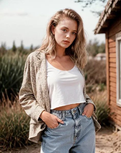 analog film photo realistic,  Dutch angle, intricate details, a woman wearing Cropped Blazer, luxury clothing and Boyfriend jeans: Relaxed, loose-fitting jeans with a slouchy, casual look. <lora:quiron_SaraStJames_v1_lora:0.57> SaraStJamesQuiron woman, . f...