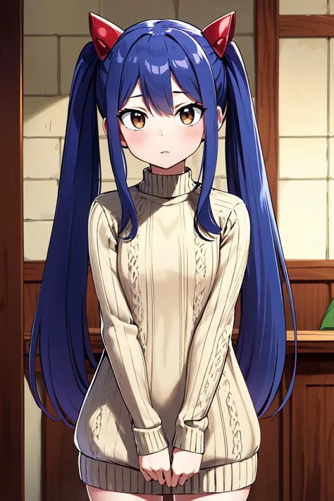 anime girl with blue hair and cat ears standing in a room