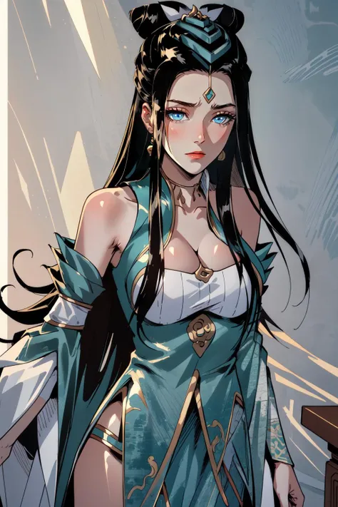 (masterpiece, best quality), intricate details, (fractal art:1.2),
(1girl), <lora:suqingge:0.8> suqingge, 1girl, solo, long hair, black hair, dress, bare shoulders, jewelry, earrings, chinese clothes, cleavage, hair ornament, large breasts, blue eyes, d...