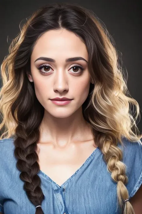 a woman with long hair and a braid in a denim shirt