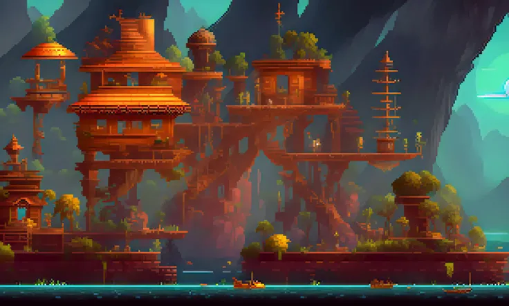 pixelart An underwater city, built by an ancient civilization long since forgotten. The ruins are now home to strange creatures and coral reefs, and the only light comes from the bioluminescent creatures that call the city home.<lora:PIXHELL_21:1>, video g...