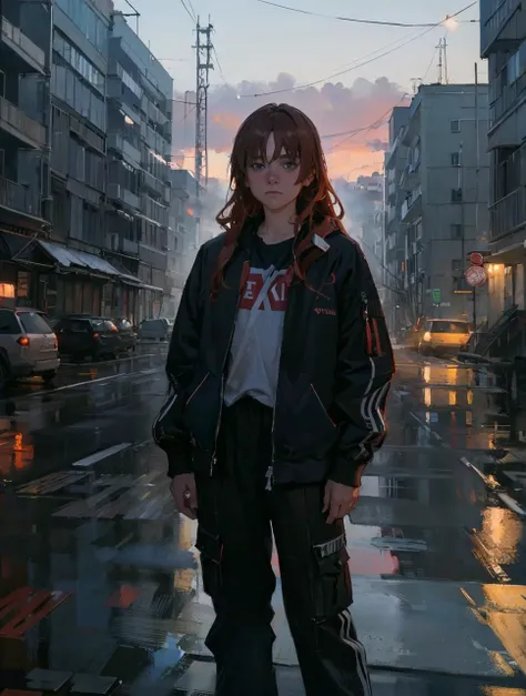 (best quality, masterpiece, RAW photo,ultra-detailed:1.2), extreme detail, 1girl, curvy body, cowboy shot, gloomy, sad girl, mature, doomer, casual clothes, hikkikomori, wavy red hair, freckles, blue eyes, Bags under eyes,  wearing a jacket and a track sui...