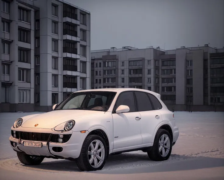 <lora:russianebenya_v2:1> (white Porsche Cayenne) in snowy russianebenya