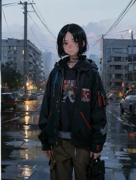 (best quality, masterpiece, RAW photo,ultra-detailed:1.2), extreme detail, 1girl,cowboy shot, gloomy, sad girl, mature, doomer, casual clothes, ((open forehead)), hikkikomori, short straight bob hair, black hair,,blue eyes, Bags under eyes,  wearing a fall...