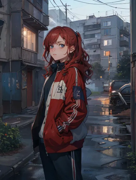 (best quality, masterpiece, RAW photo,ultra-detailed:1.2), extreme detail, 1girl, curvy body, cowboy shot, gloomy, sad girl, mature, doomer, casual clothes, hikkikomori, wavy red hair, freckles, blue eyes, Bags under eyes,  wearing a jacket and a track sui...