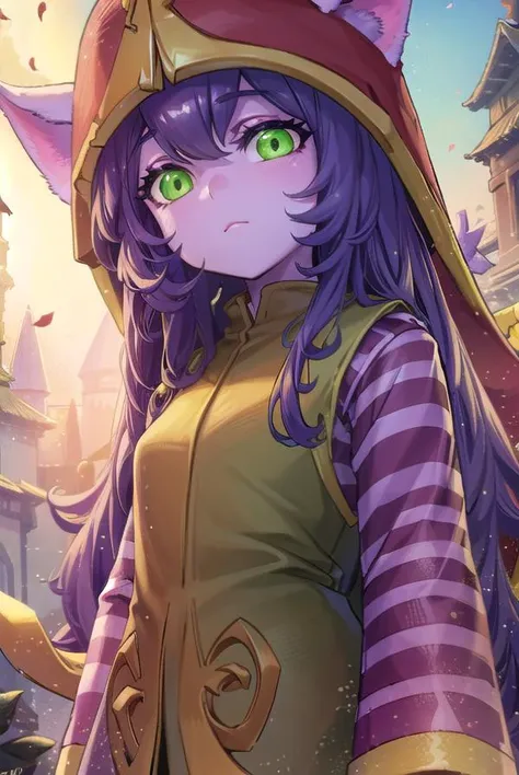 lollulu, <lyco:lulu-lyco-nochekaiser:1>,
lulu, long hair, bangs, animal ears, (green eyes:1.5), purple hair, colored skin, purple skin,
BREAK long sleeves, hat, dress, red dress, red headwear, ears through headwear, striped sleeves, yordle,
BREAK looking a...