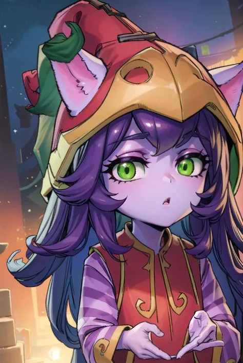 lollulu, <lyco:lulu-lyco-nochekaiser:1>,
lulu, long hair, bangs, animal ears, (green eyes:1.5), purple hair, colored skin, purple skin,
BREAK long sleeves, hat, dress, red dress, red headwear, ears through headwear, striped sleeves, yordle,
BREAK looking a...