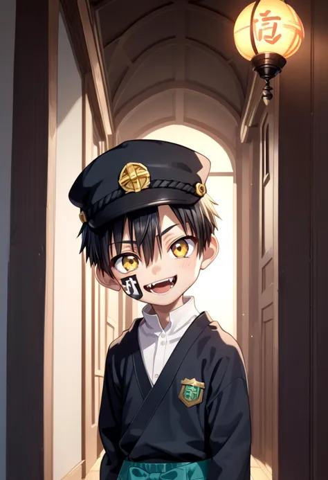 anime boy in uniform standing in hallway with light on