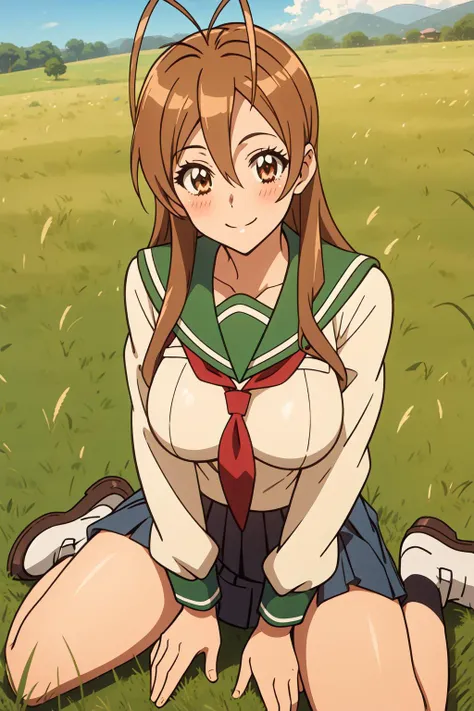 anime girl sitting on the ground in a field with grass