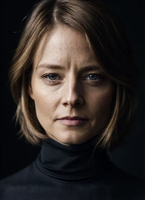 A stunning intricate full color portrait of (sks woman:1), wearing a black turtleneck, epic character composition, by ilya kuvshinov, alessio albi, nina masic, sharp focus, natural lighting, subsurface scattering, f2, 35mm, film grain, <lora:locon_jodiefos...