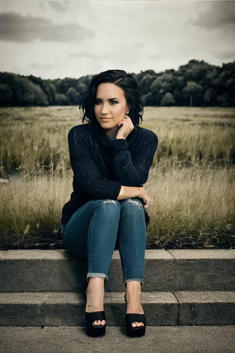 ((2/3 body view)), ((Wearing a sweater)) and ((very distressed jeans)), ((Professional Photo Shoot)), ((in the country next to a river)), ((Sitting on the grass with legs crossed)), smiling, model shoot style, extremely intricate, High Detail, Sharp focus,...