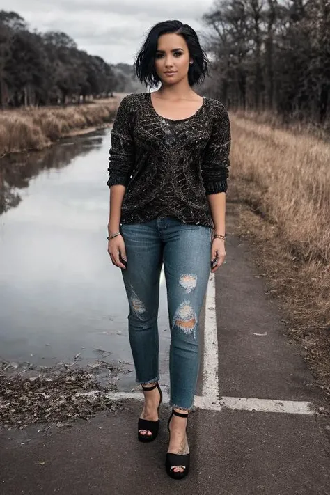 ((Wearing a sweater)) and ((very distressed jeans)), ((Professional Photo Shoot)), ((in the country next to a river)), smiling, model shoot style, extremely intricate, High Detail, Sharp focus, dramatic, soft cinematic light, (looking at viewer), (Real Eye...