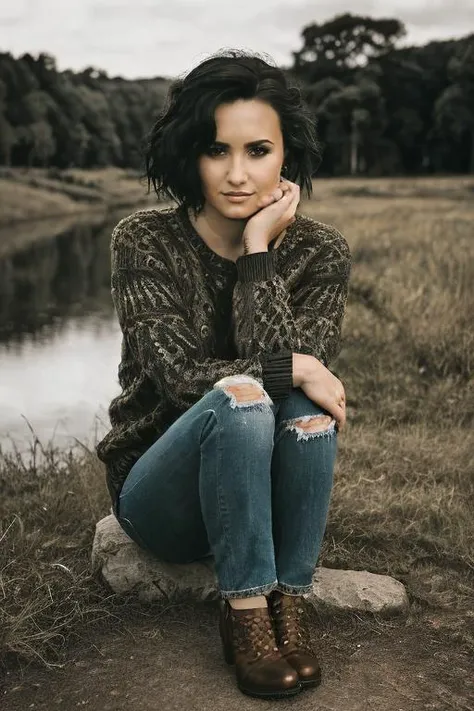 (((Close up head portrait))), ((Wearing a sweater)) and ((very distressed jeans)), ((Professional Photo Shoot)), ((in the country next to a river)), ((Sitting on the grass with legs crossed)), smiling, model shoot style, extremely intricate, High Detail, S...