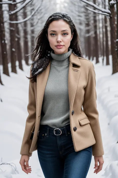 photo of aj0li3_JG, a woman, (((walking in a winter_forest))), (((snow))), modelshoot style, (extremely detailed CG unity 8k wallpaper), photo of the most beautiful artwork in the world, professional majestic (photography by Steve McCurry), 8k uhd, dslr, s...