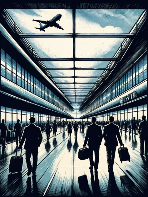 people walking through an airport with a plane flying overhead