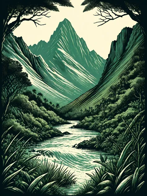 a green and black illustration of a mountain river with trees