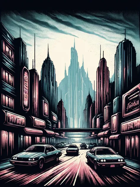 a painting of a city street with cars driving down it