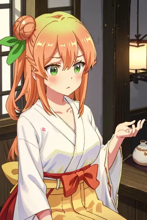 best quality, masterpiece, highres, solo, {white kimono:1.35}, {red hakama:1.35}, {wide sleeves:1.20}, {hinatsuki_mikan_thedemongirlnextdoor:1.15}, orange_hair, hair_bun, single_hair_bun, ribbon, hair_ribbon, green_eyes, hair_ornament, blush, single_side_b...