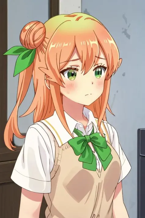 best quality, masterpiece, highres, solo, {hinatsuki_mikan_thedemongirlnextdoor:1.15}, orange_hair, hair_bun, single_hair_bun, ribbon, hair_ribbon, green_eyes, hair_ornament, blush, single_side_bun, long_hair, green_ribbon, hair_between_eyes, collarbone, s...