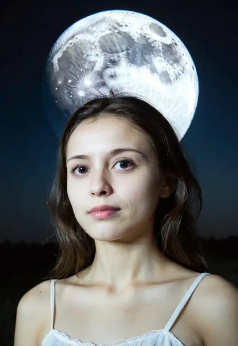 a woman with a full moon on her head in a field