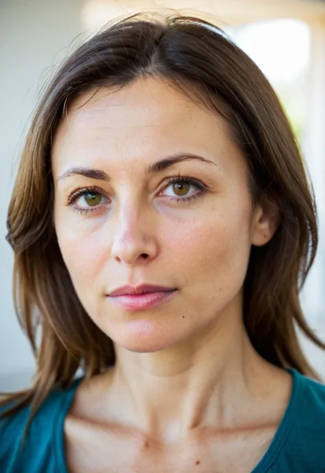 a close up of a woman with a green shirt looking at the camera