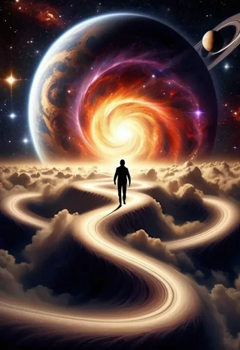 a man walking on a path through the clouds towards a spiral galaxy