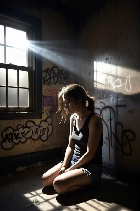 A woman sits in the corner of a large dark room,moonlight coming through a framed window and the only thing illuminated is 50% of the woman and the floor, dust particles in the air catch the light,high contrast,long shadows,deep darkness,murky,the room is ...