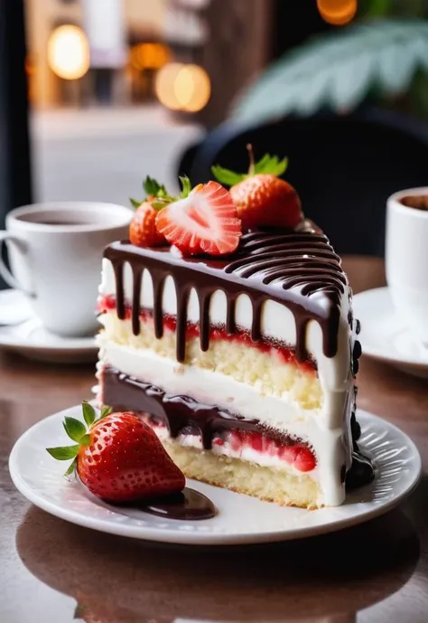 there is a piece of cake with chocolate and strawberries on a plate