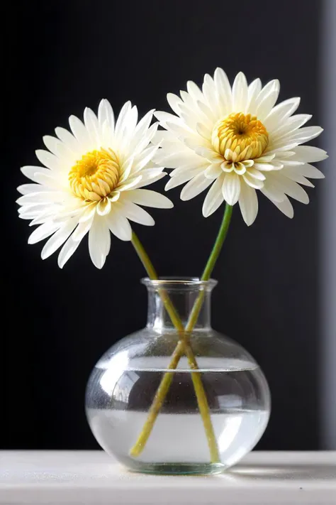 there are two white flowers with yellow centers in a vase, a macro photograph inspired by henri fantin latour, featured on pixabay, light and space, chrysanthemum eos 1d, light bloom sunlight, white flowers