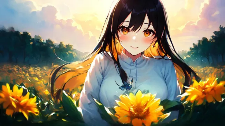 anime girl with long hair and sunflowers in a field