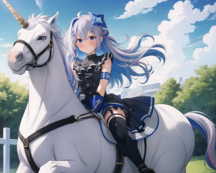 (masterpiece:1.2),best quality,illustration,
<lora:kanata1:1>, kanatathird, blush,  <lora:tanakataRoukamiV1:0.55> 
<lora:flat2:-0.15>
1girl, (unicorn:1.1), riding, running, outdoor setting, magical, wind blowing, shimmering horn, speed, flowing mane