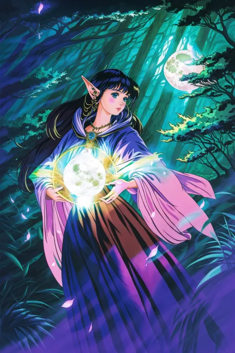 masterpiece, best quality, high quality, j_pastel_color, a witch girl in the forest, pointed ears, night, moon, holding magical staff, magic circle, particles, cowboy shot, ((dutch angle)), <lora:J_pastel_color:0.9>, <lora:1990sAnimeStyleLora_1:0.6>