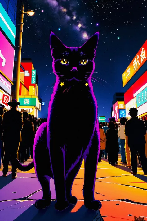 masterpiece, best quality, high quality, j_pastel_color, looking at viewer, ((a black cat in a city)), animal, ((crowd, surrounded by people)), night, particles, cowboy shot, stars, rising stars, full body, outdoors, <lora:J_pastel_color:0.7>