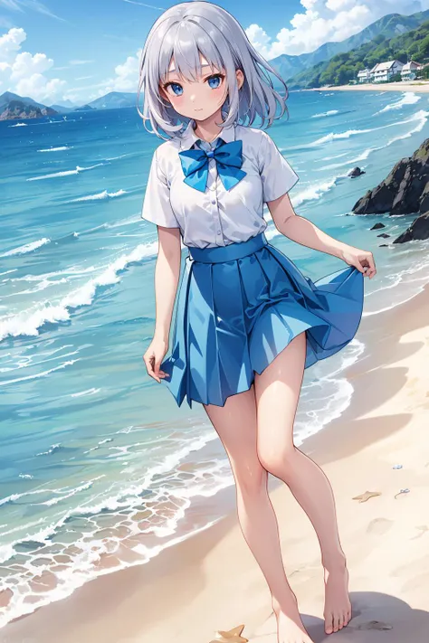 ((masterpiece)), (best quality), official art, extremely detailed CG, unity 8k wallpaper, ultra detailed, 
1girl, uniforn, cnhs, junior studnet, philippine uniform, asian uniform, silver skirt, silver tiny bow, 
full body, miniskirt, beach, ocean, (barefoo...