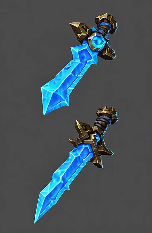 {magic claymore two-handed sword} , fantasy, diablo 2,made of magic ore, blue glow,decorated, ornaments, blue crystal, game icon...