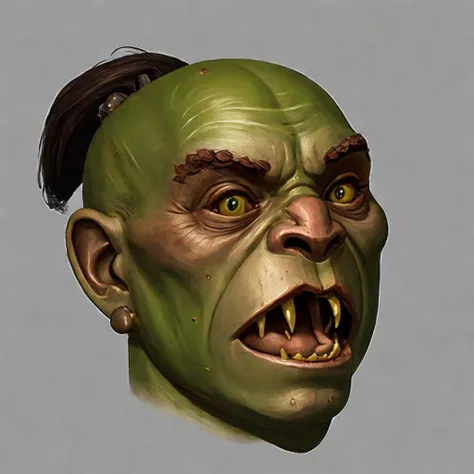 (orc face:1.15), freckles, (tongue out:1.15), ponytail, funny, round (wooden frame:1.1), looking at viewer, high quality, 8k, detailed, masterpiece,