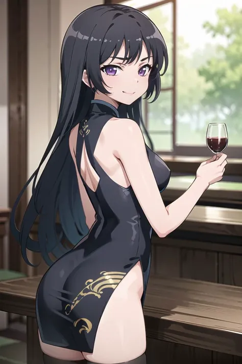 masterpiece, best quality, cowboy shot, view from behind 1girl, medium breasts, long hair, leaning on the bar counter,
<lora:KisakiChinaDress:0.7>, china dress, black stockings,
<lora:yozora-haganai:0.8>, yozora mikazuki, looking at viewer, smirking,
in th...