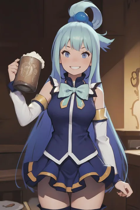 score_9, score_8, score_7, solo, 1girl, Aqua(/Konosuba)/, blue eyes, blue hair, long hair, hair rings, single hair ring, blue footwear, blue hair, boots, detached sleeves, thigh boots, thighhighs, bare shoulders, blue skirt, blue shirt, green bow, holding ...