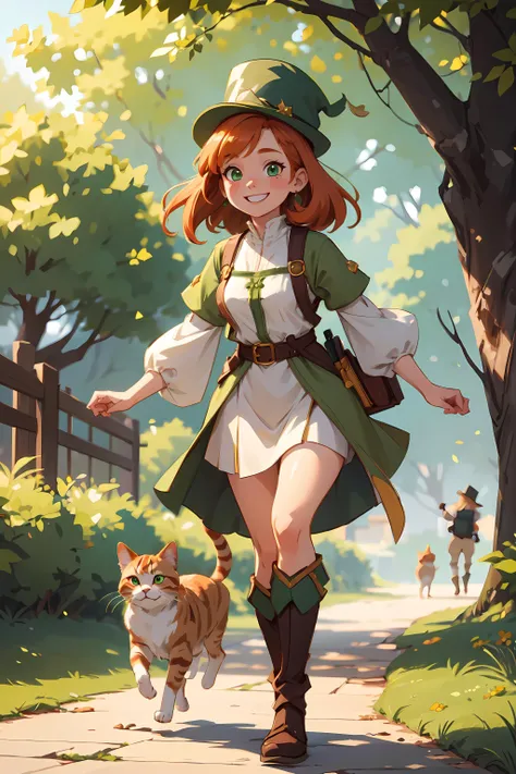 1girl, ginger hair, Irish, green and gold, leprechaun, girl walking with a calico cat beside her, happy, smiling, cute, fantasy, stylised, medieval