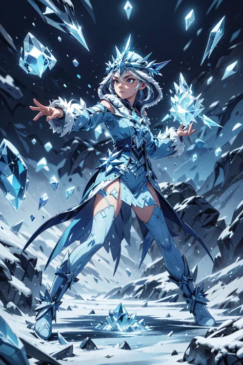 1girl, solo, <lora:Ice_Cicin:0.5> Ice_Cicin, outdoors, <lora:add_detail:0.7>, <lora:Concept - Cryomancer:0.3>, ice-flurry, snow, ice-shard, ice, crystal, magic, cryokinesis, dynamic pose, fighting stance, casting spell