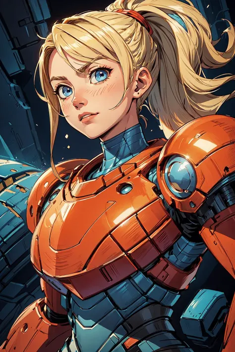 thick outlines, comics, photorealistic, 1girl, solo, dynamic pose, <lora:SamusaranV1:0.4>, samusaran, blonde hair, blue eyes, ponytail, orange armor, red helmet, arm cannon, inside of a spaceship, futuristic, detailed background, detailed face, detailed ey...